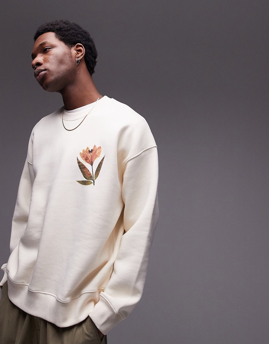 Topman oversized fit sweatshirt with front and back pressed flower in ecru-White