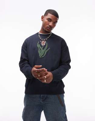 Topman Oversized Fit Sweatshirt With Front And Back Tulip Embroidery In Navy