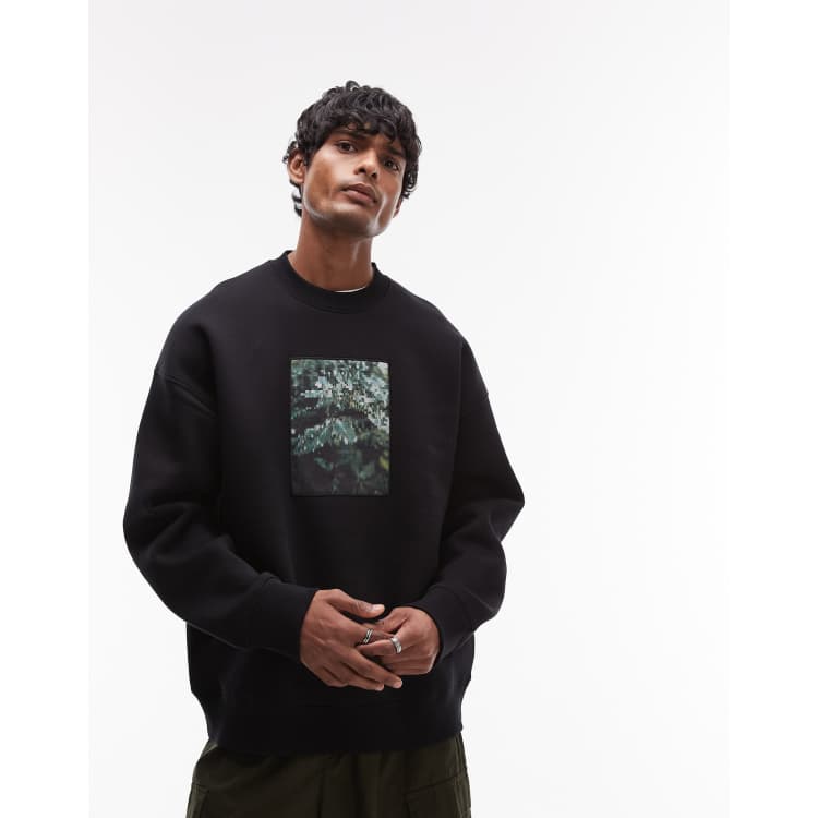 Topman oversized fit sweatshirt with leaves patch print in black ASOS