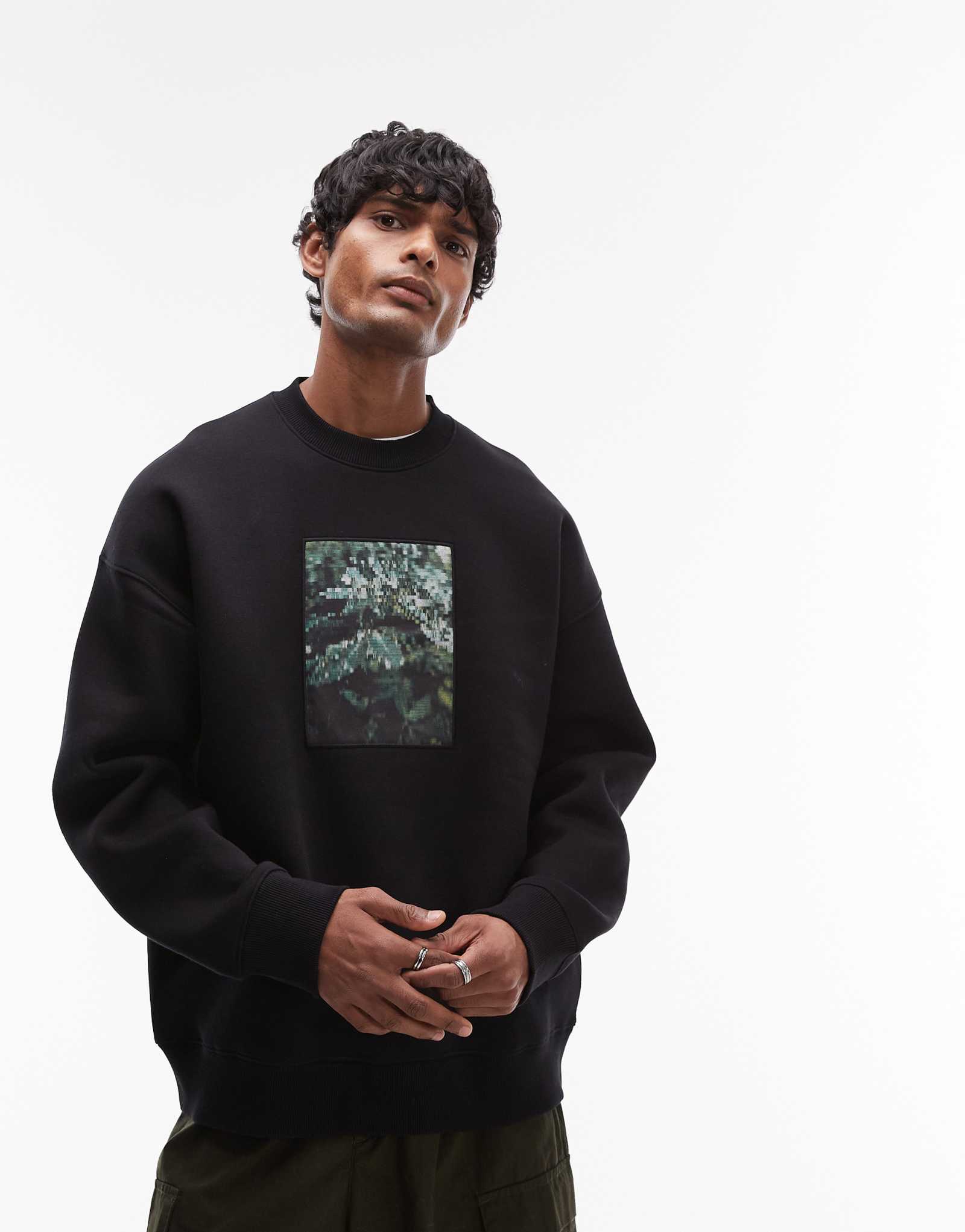 Толстовка Topman oversize fit с принтом в виде нашивки в виде листьев черного цвета