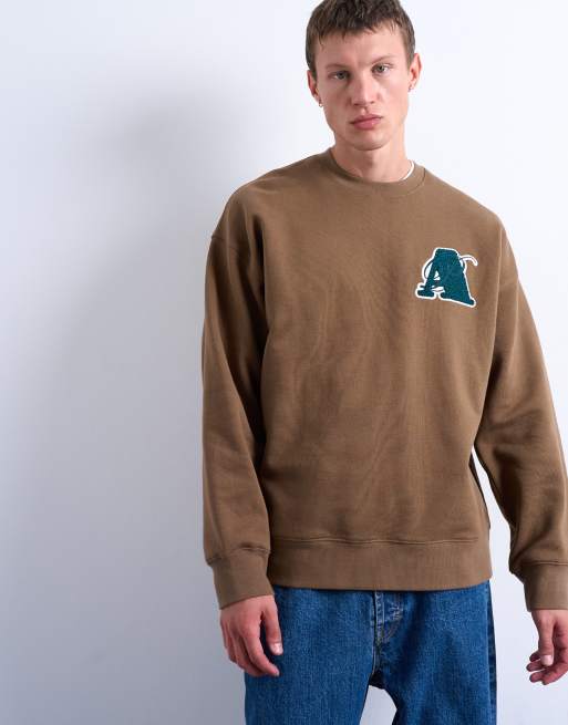 Topman oversized fit sweatshirt with letter embroidery in brown, 3 of 5