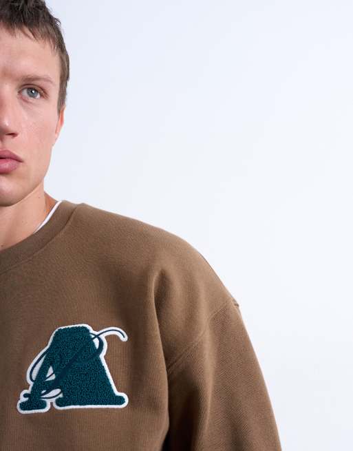 Topman oversized fit sweatshirt with letter embroidery in brown, 4 of 5