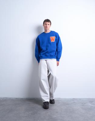 Topman Oversized Fit Sweatshirt With Letter Felt Patch Embroidery In Blue