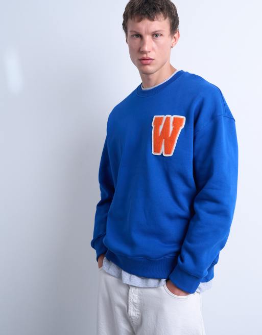 Topman oversized fit sweatshirt with letter felt patch embroidery in blue, 5 of 5