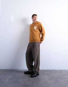 Model wearing Oversized fit sweatshirt with Maison de Chambrey back embroidery in brown