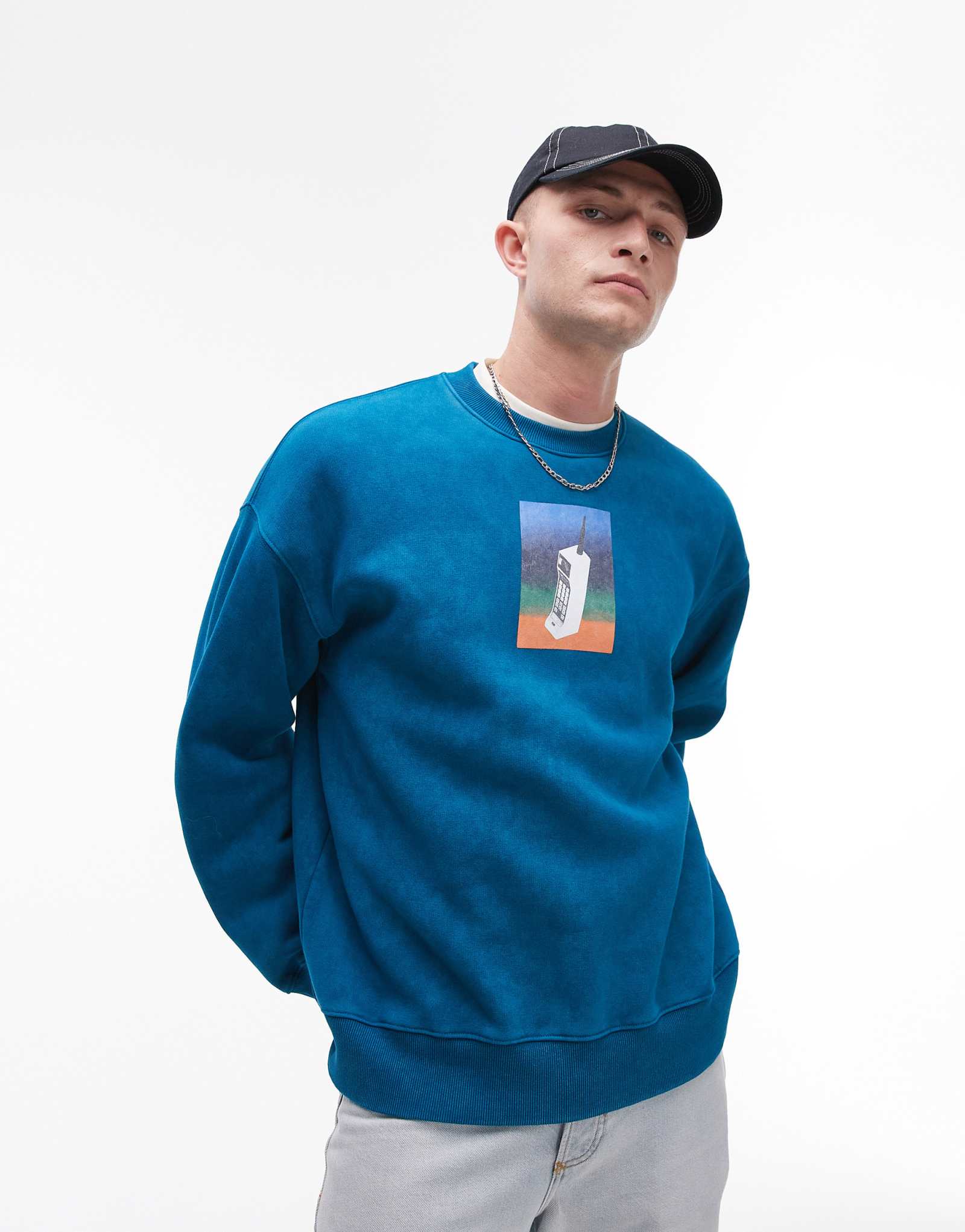 Синяя толстовка Topman oversize fit с принтом 