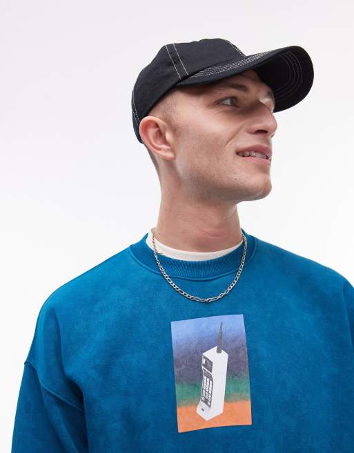 Topman oversized fit sweatshirt with mobile phone print in washed green, 2 of 4