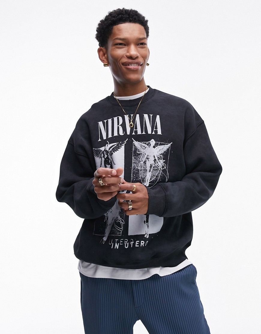 Topman oversized fit sweatshirt with Nirvana angel print in washed black