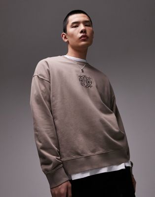 Topman oversized fit sweatshirt with Nolita embroidery in washed brown