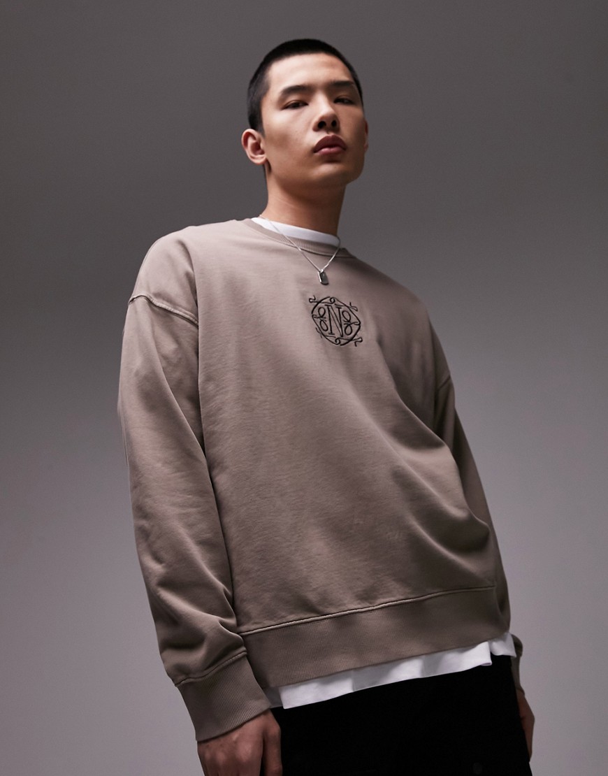 Topman Oversized Fit Sweatshirt With Nolita Embroidery In Washed Brown-green