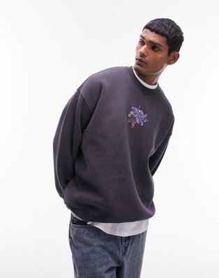 Topman oversized fit sweatshirt with painted floral print in washed charcoal