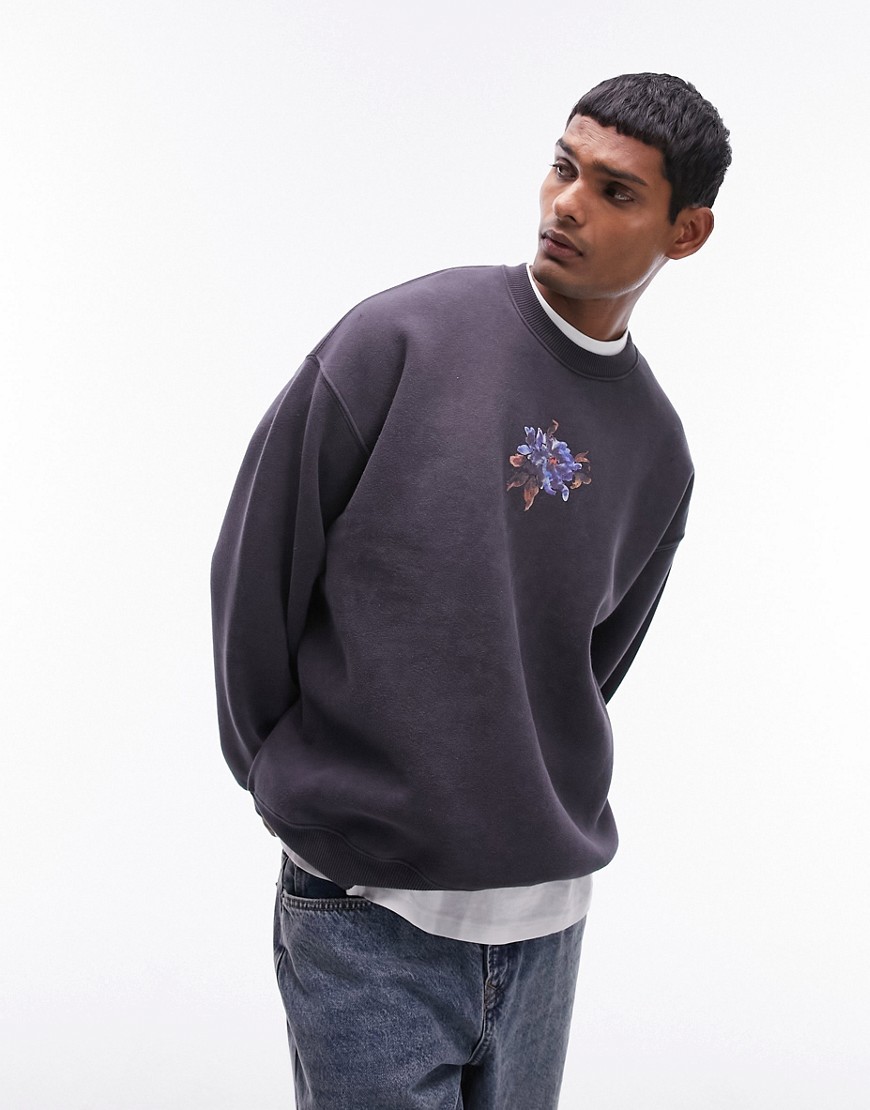 oversized fit sweatshirt with painted floral print in washed charcoal-Gray