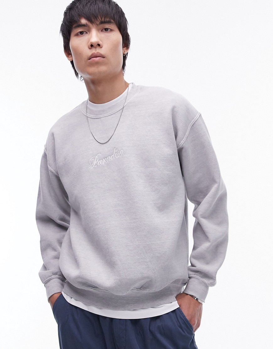 Topman oversized fit sweatshirt with paradiso embroidery in grey marl