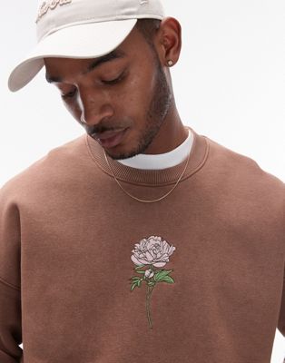 Topman Oversized Fit Sweatshirt With Peonies Embroidery In Washed Brown