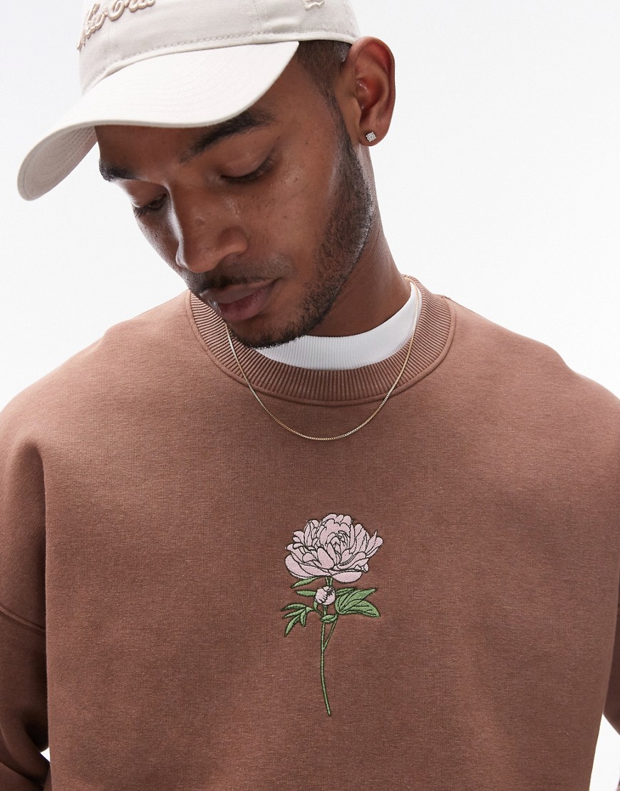 Topman Oversized Fit Sweatshirt With Peonies Embroidery In Washed Brown