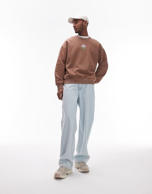 Topman oversized fit sweatshirt with peonies embroidery in washed brown, 4 of 4