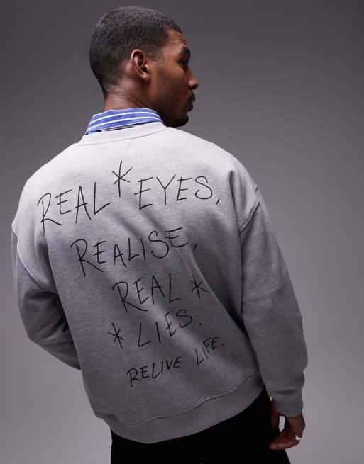 Topman oversized fit sweatshirt with Real Lies print in gray heather