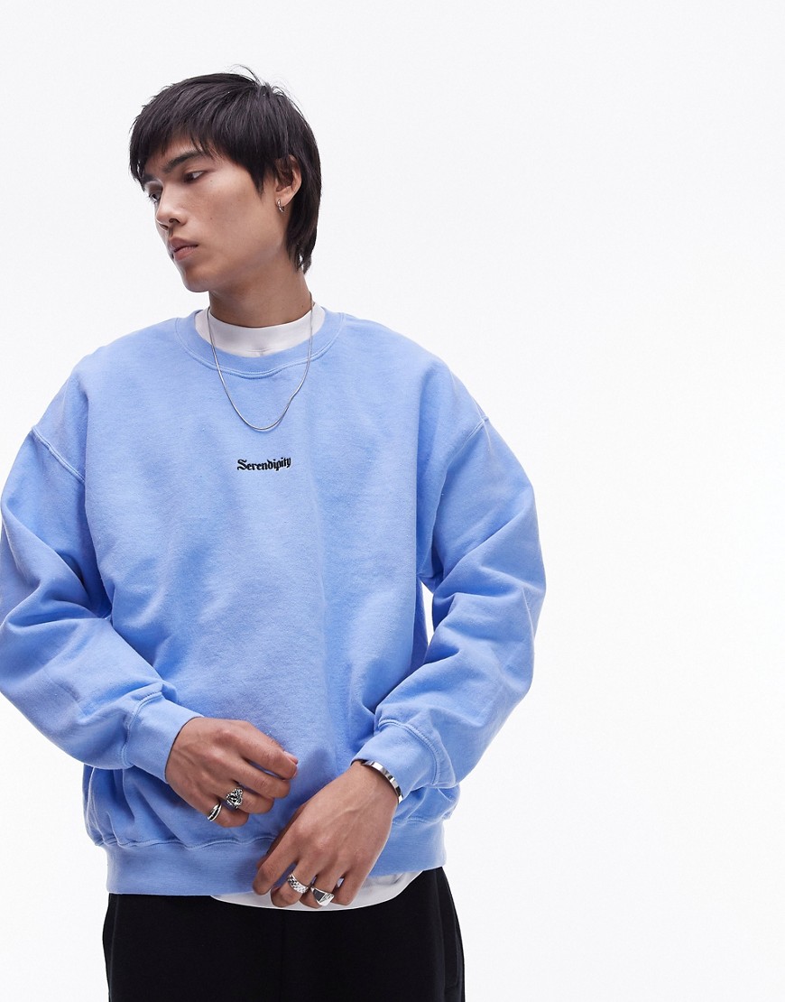 Topman Oversized Fit Sweatshirt With Serendipity Embroidery In Light Blue