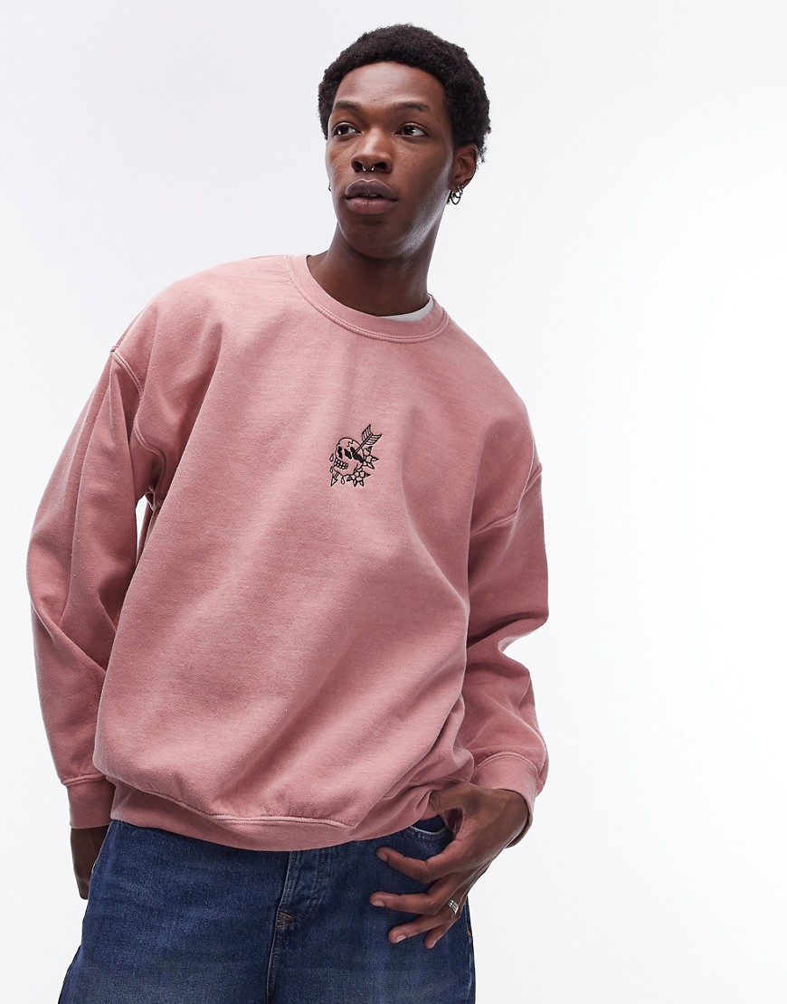 Topman oversized fit sweatshirt with skull tattoo embroidery in washed pink