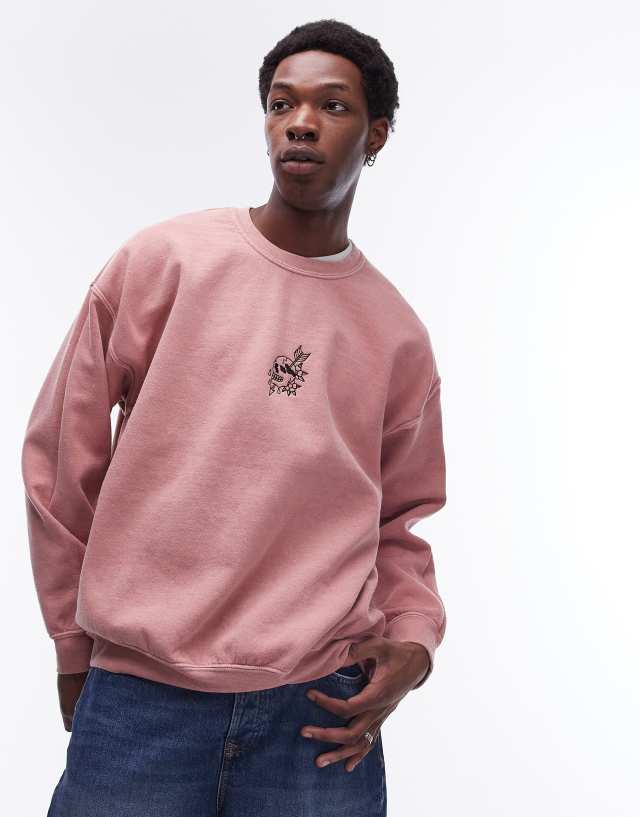 Topman - oversized fit sweatshirt with skull tattoo embroidery in washed pink