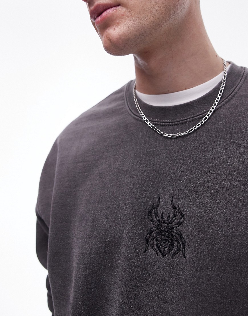 Topman oversized fit sweatshirt with spider tattoo embroidery in washed black