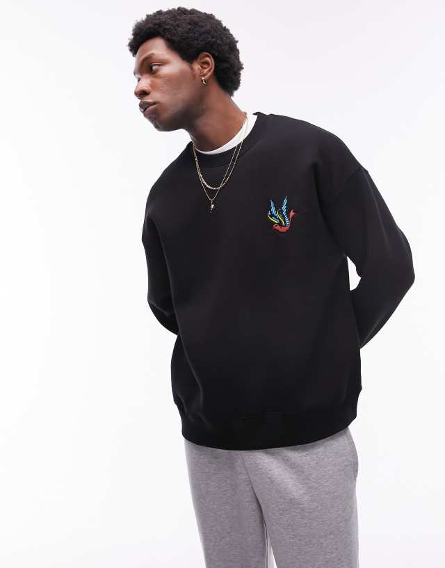 Topman - oversized fit sweatshirt with swallow embroidery in black