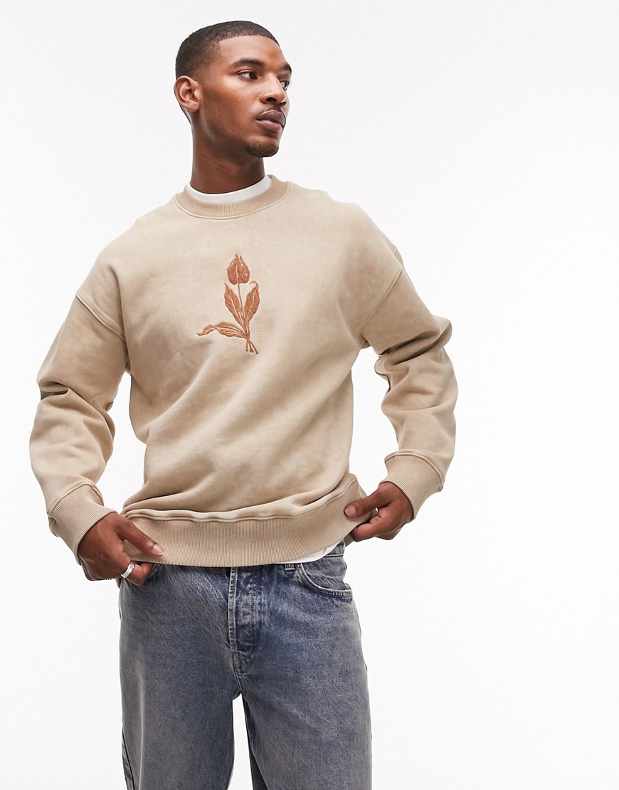 oversized fit sweatshirt with tulip embroidery in washed stone-Neutral
