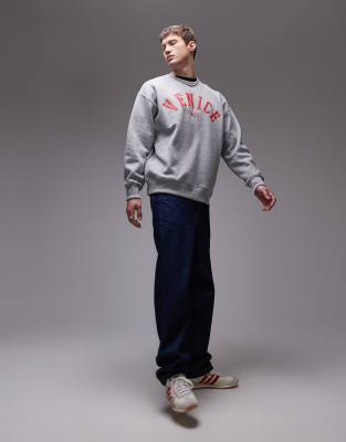 Topman Oversized Fit Sweatshirt With Venice Textured Print In Gray
