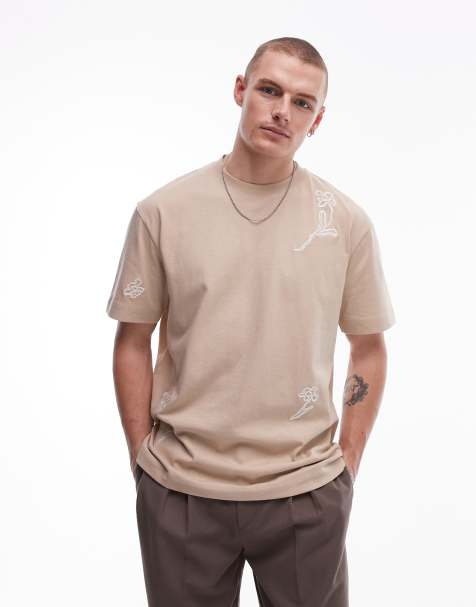 Topman oversized fit t-shirt front and back floral embroidery in stone - view 1