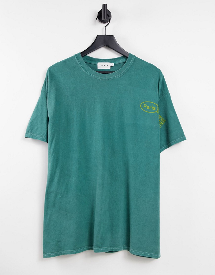 Topman oversized fit t-shirt misplaced Paris print in green