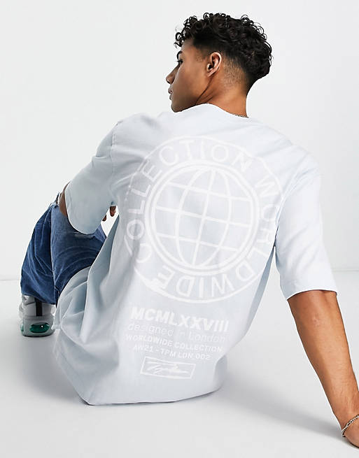 Men Topman oversized fit t-shirt Signature circle worldwide print in light blue 