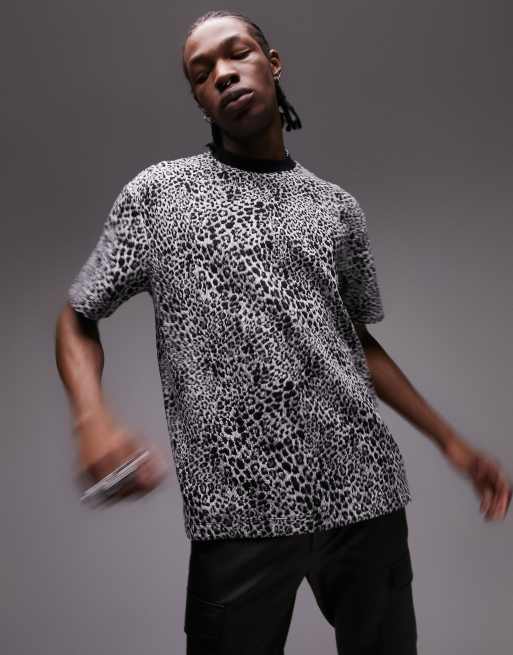 Topman oversized fit t-shirt with all over leopard print in black