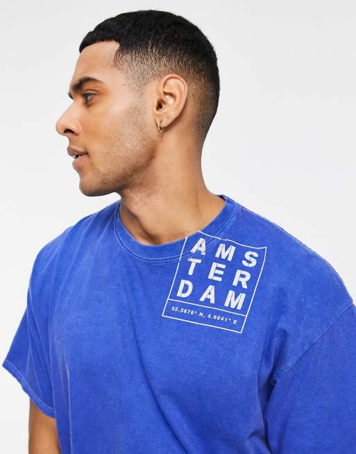 Topman oversized fit t-shirt with Amsterdam shoulder print in blue