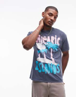 Topman oversized fit t-shirt with Balearic print in washed blue