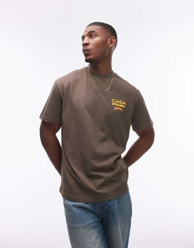 Topman - oversized fit t-shirt with casa italia front and back print in washed khaki