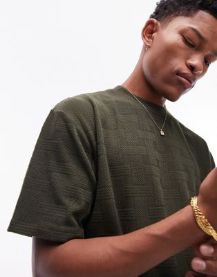 Topman oversized fit t-shirt with check texture in khaki