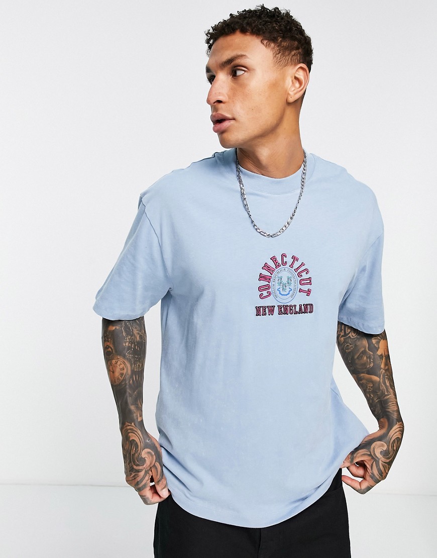 Topman oversized fit T-shirt with Connecticut embroidery in light blue