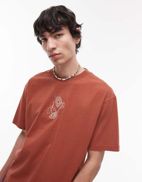Topman oversized fit t-shirt with daisy embroidery in brown - view 1