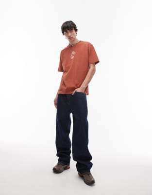 Topman Oversized Fit T-shirt With Daisy Embroidery In Brown