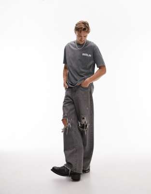 Topman oversized fit t-shirt with distressed Berlin print in washed black