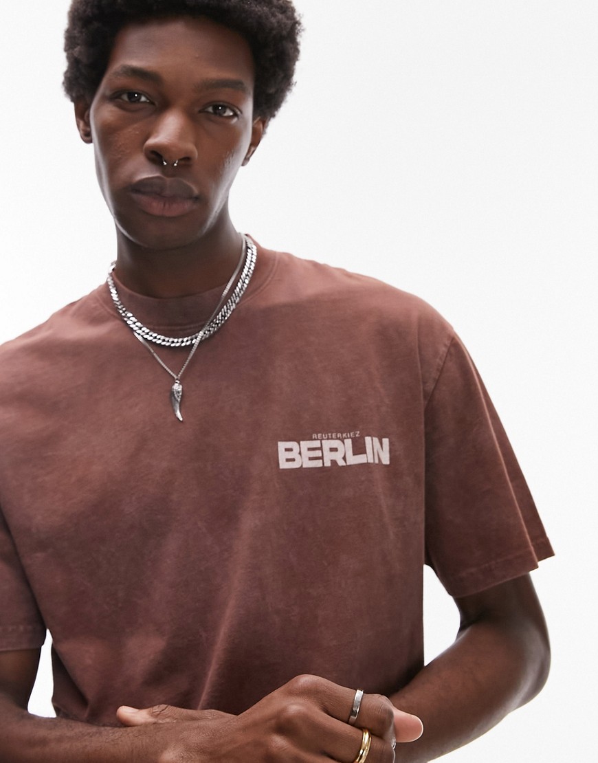 Topman oversized fit t-shirt with distressed Berlin print in washed brown