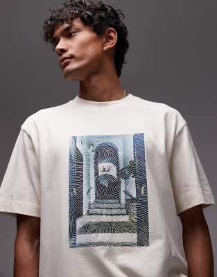 oversized fit t-shirt with doorway image print and embroidery in ecru-White