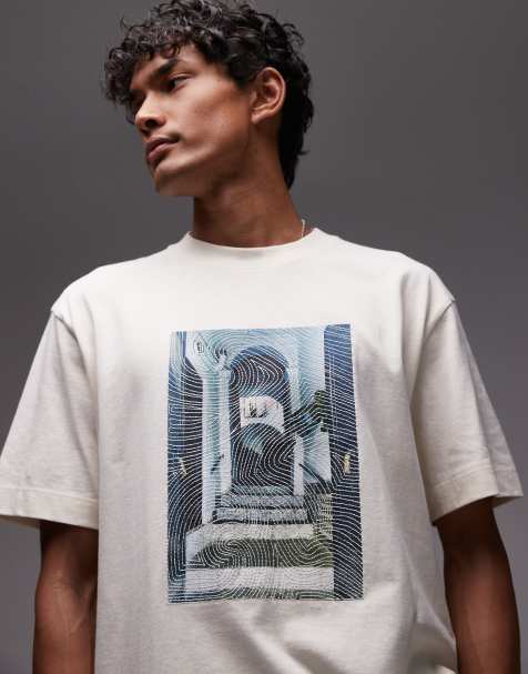 Topman oversized fit t-shirt with doorway image print and embroidery in ecru - view 1
