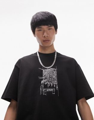 Topman oversized fit t-shirt with embroidered lattern sketch in black