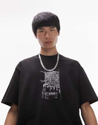 Topman oversized fit t-shirt with embroidered lattern sketch in black ...