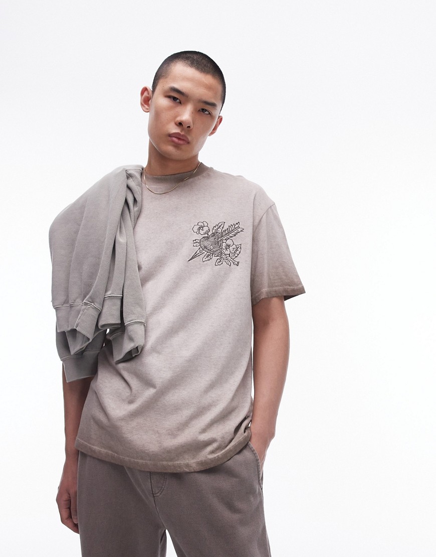 Topman oversized fit t-shirt with embroidery in washed brown