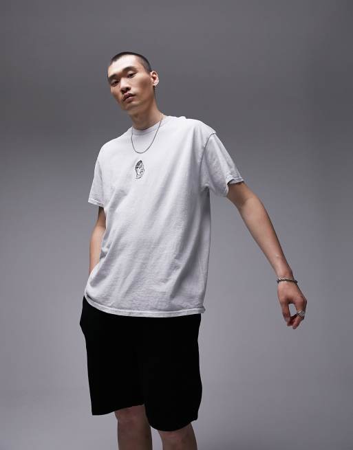 Topman oversized fit t-shirt with face embroidery in washed gray 