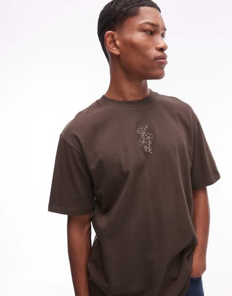 Topman oversized fit T-shirt with floral embroidery in brown - view 1