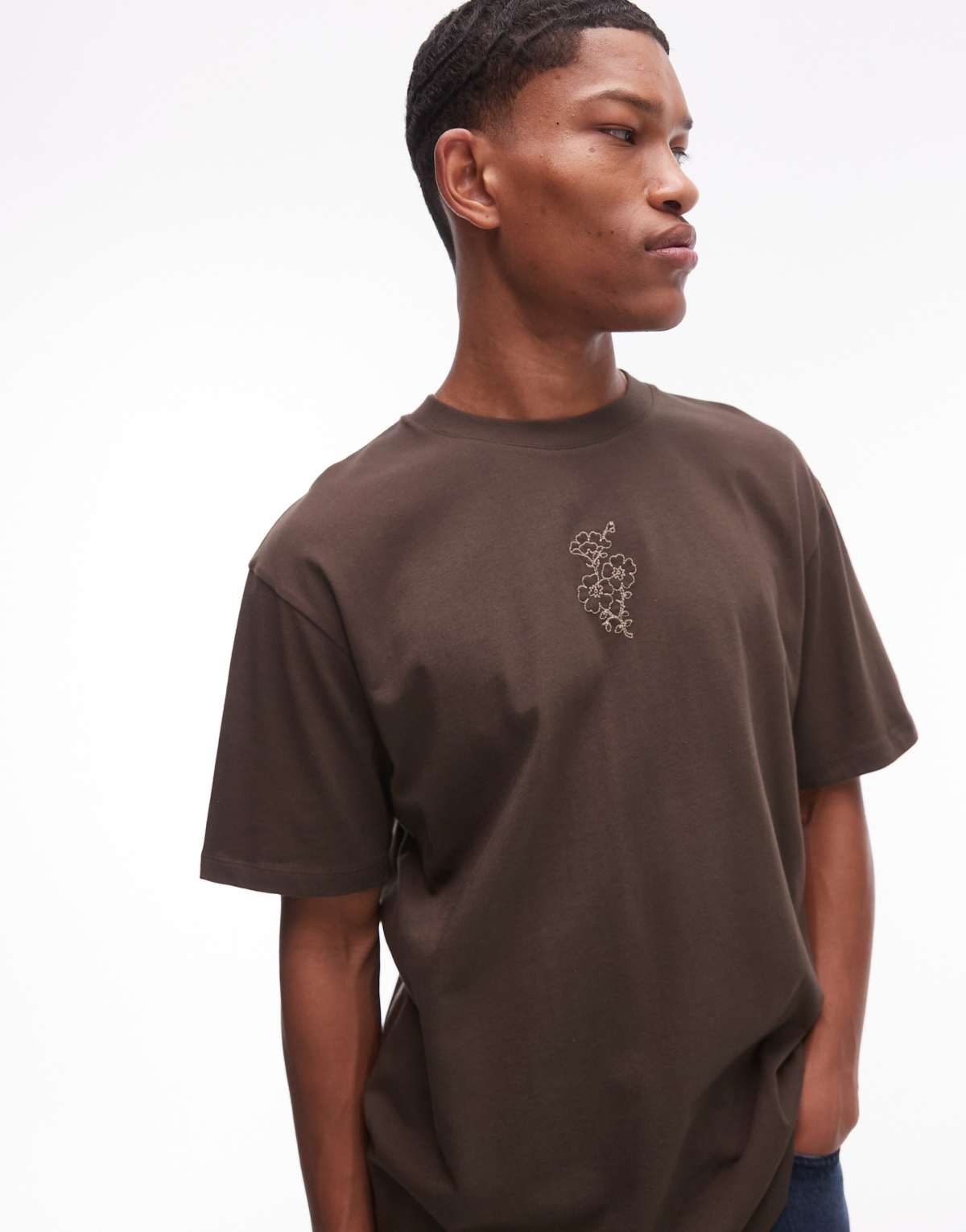 Topman oversized fit t-shirt with floral embroidery in brown