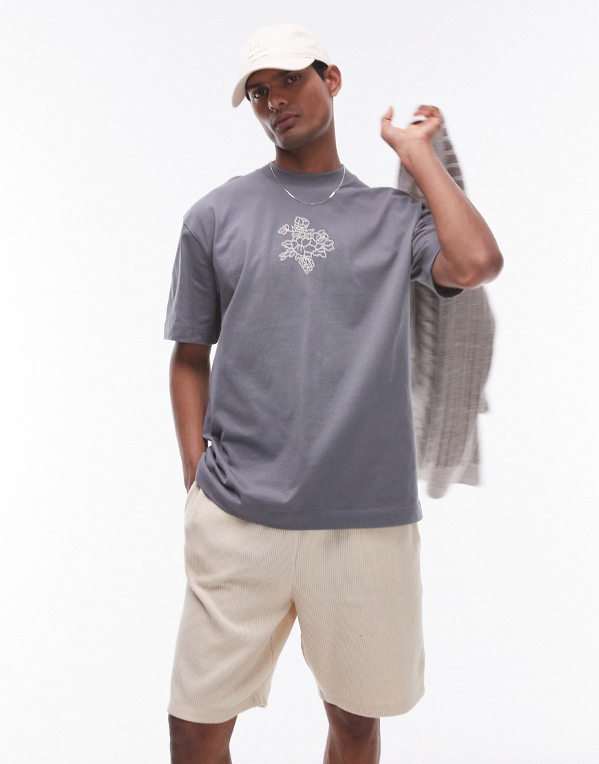 Topman oversized fit t-shirt with floral embroidery in charcoal-Grey